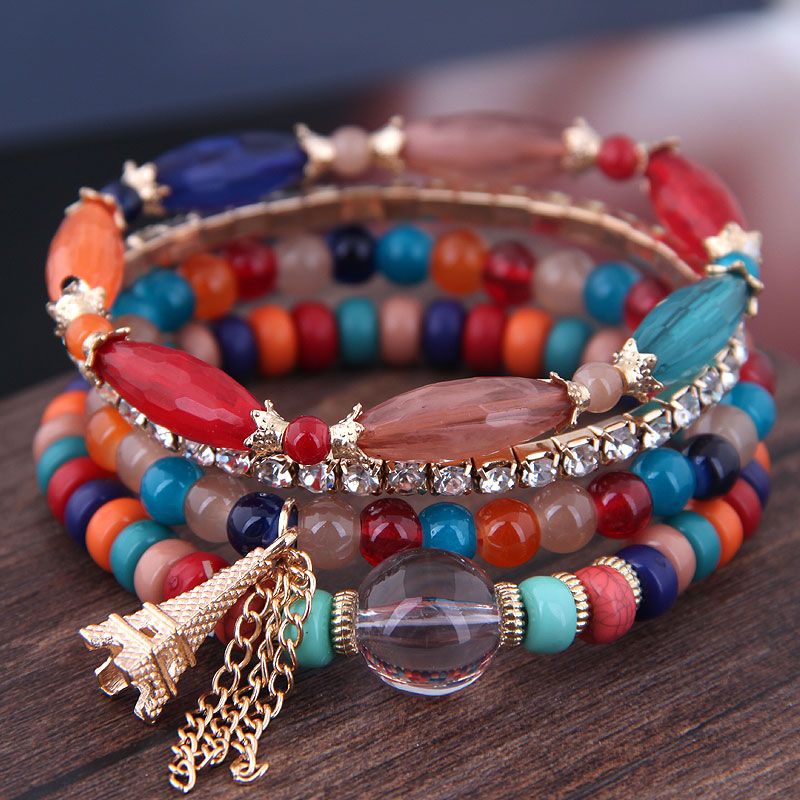 Pulsera De Perlas De Acrílico Colorido Salvaje Simple Torre De Perlas Con Flecos Pulsera De Temperamento De Moda Multicapa