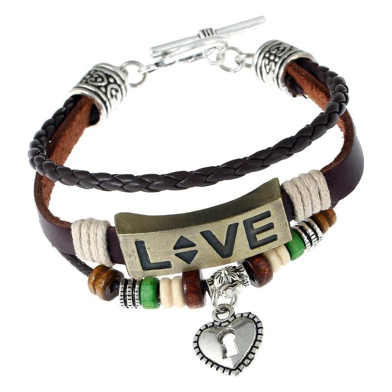 Handmade Beaded Leather Bracelet Alloy Couple Love Leather Bracelet Jewelry