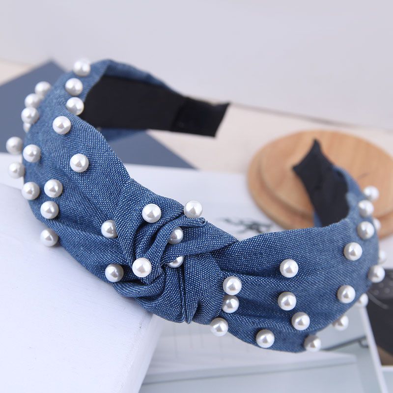 Nailed Pearl Denim Fabric Knotted Hairpin Hair Accessories Retro Middle Knot Headband Hair Jewelry Women