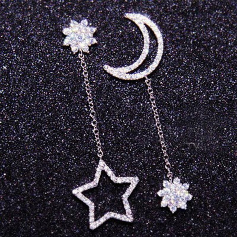 Long Snowflake Earrings Creative Star Moon Asymmetric Zircon Earrings