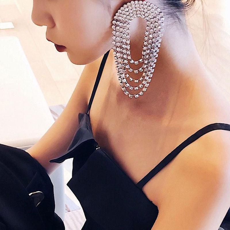 Full Diamond Oval Tassel Earrings Oval Multilayer Chain Long Super Fairy Geometric Circle Dress Earrings