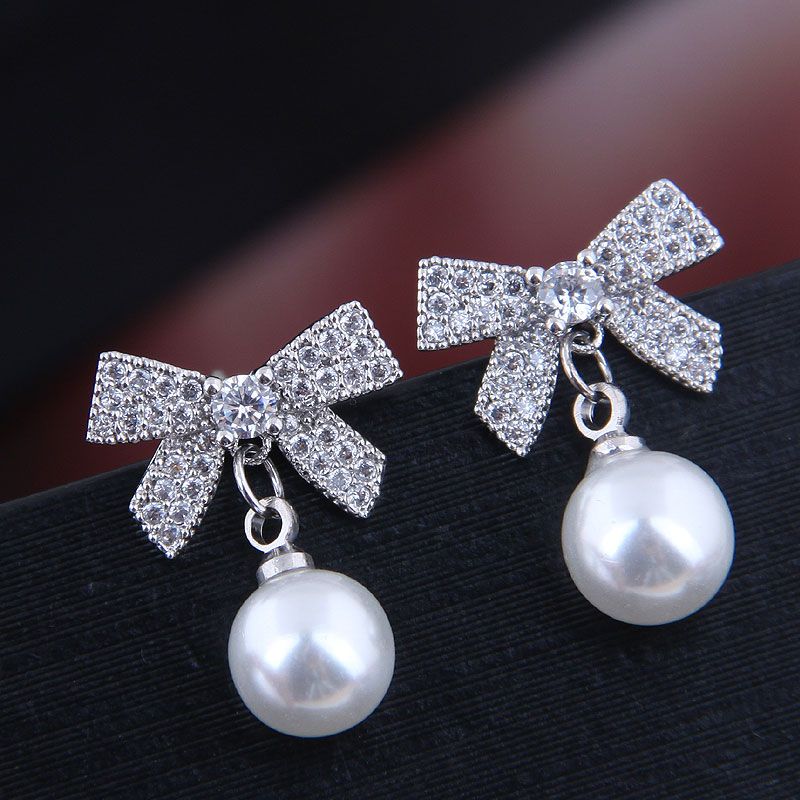 10737 Exquisite Koreanische Mode Süße Ol Flash Diamant Bogen Perle Persönlichkeit Temperament Ohrringe
