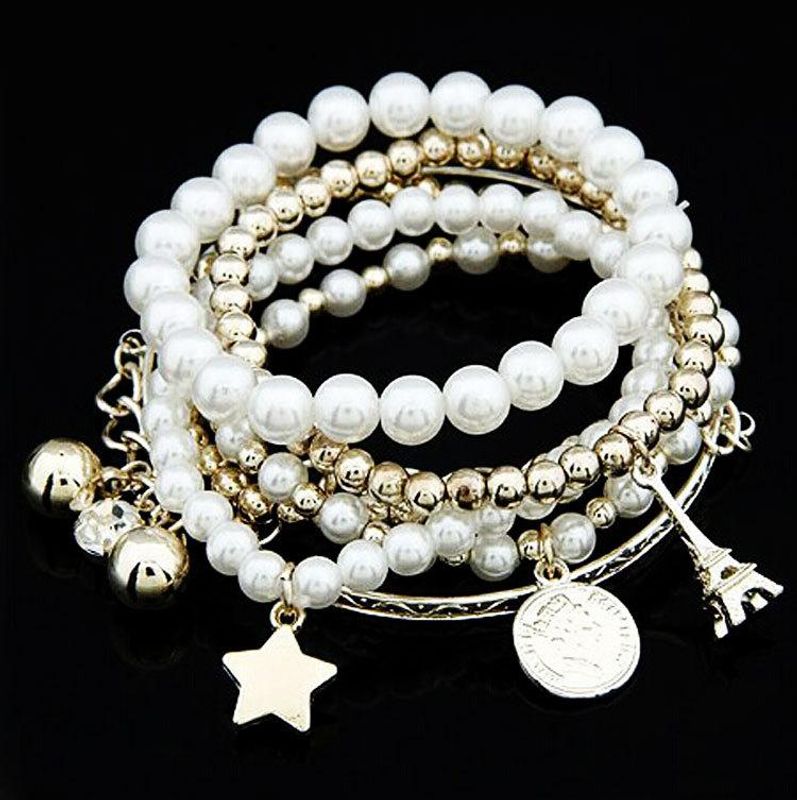 Pearl Vintage Bracelet Coin Six-piece Jewelry Multi-layer Elastic Bracelet