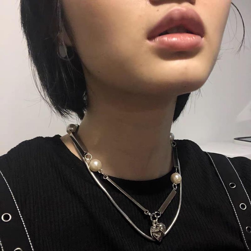 Korea Dongdaemun Mode Hip Hop Terroir Cooles Stahlrohr Doppels Chicht Liebe Perle Schlüsselbein Kette Trend Ige Weibliche Temperament Halskette