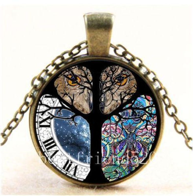 Europe And America Retro Owl Time Tree Of Life Necklace Time Moonlight Moon Gemstone Glass Necklace