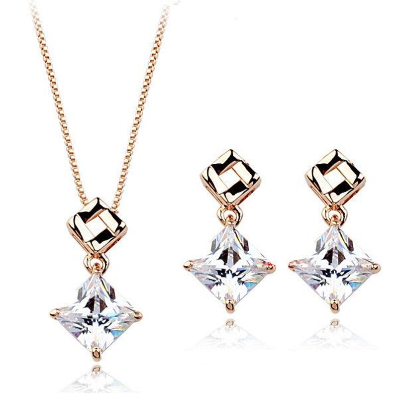 Simple And Shiny Square Zircon Set Exquisite Necklace Earrings Two-piece