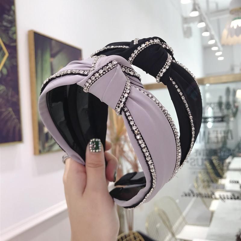 High-end Hair Accessories Solid Color Fabric With Diamond Knotted Wide Side With Teeth Headband Female
