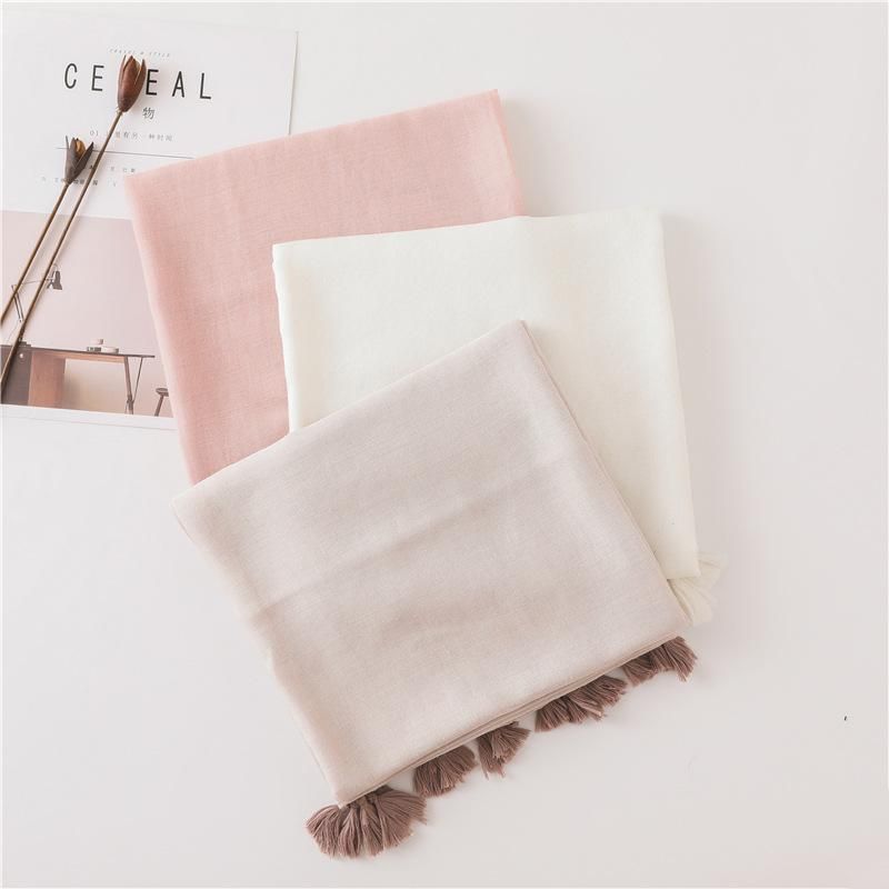 Solid Color Nude Powder Shiny Tassel Cotton Linen Scarf Shawl Long Scarf Silk Sunscreen Shawl