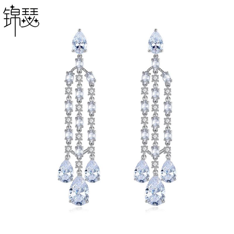 Jinse Jinglin Boucles D'oreilles Mode Coréenne Style Longue Frange Pendentif Femmes De Cuivre Incrusté De Zirconium Banquet Élégant Boucles D'oreilles