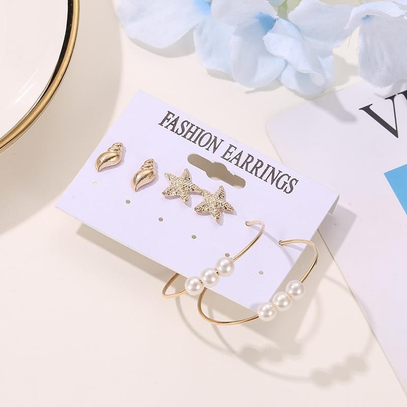 Fashion Ocean Wind Sweet Conch Starfish 3 Pairs Stud Earrings Pearl Earrings