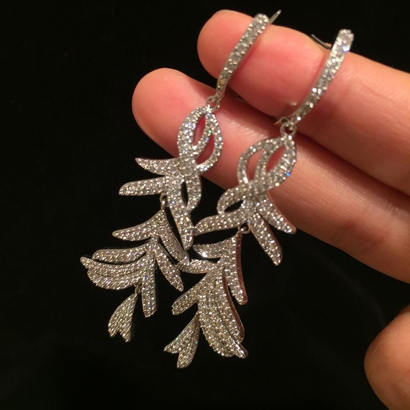 S925 Silver Needle Feather Earrings Super Flash Micro-inlaid Zircon Long Fringed Leaves Earrings