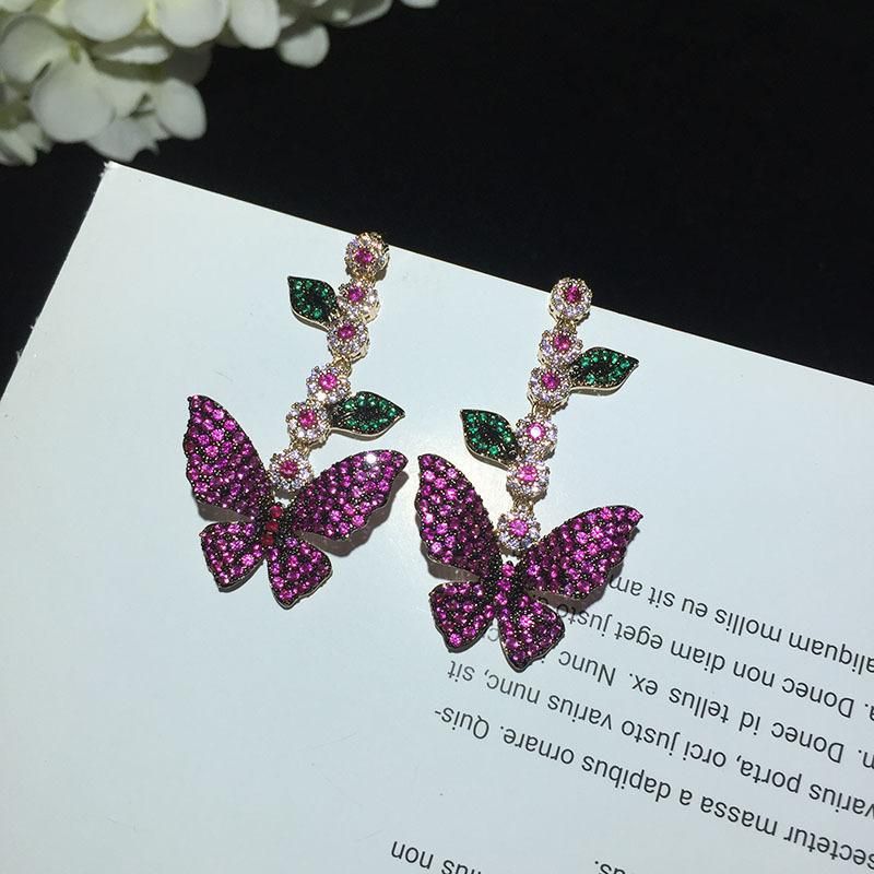 Européen Et Américain Célèbre De Luxe Fée Papillon Boucles D'oreilles Micro Incrusté Zircon Feuilles Fleurs Longue Frange Boucles D'oreilles Digne Déesse