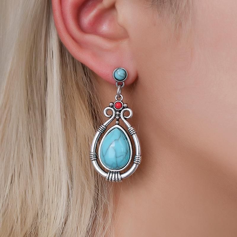 Earrings Female Dripping Geometric Turquoise Earrings Temperament Gemstone Earrings