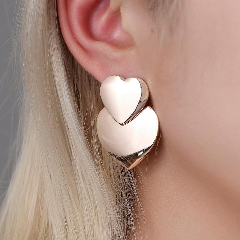 Simple Mirror Love Earrings Female Metal Sweet Double Heart Earrings Earrings
