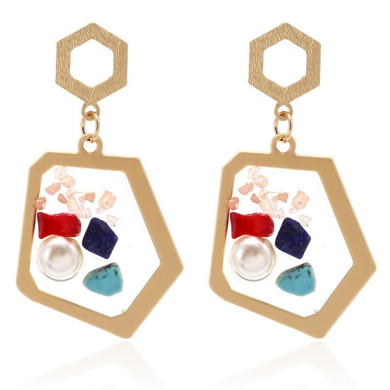 Jewelry Fashion Transparent Resin Inlaid Pearl Color Stone Earrings Personality Geometric Irregular Earrings