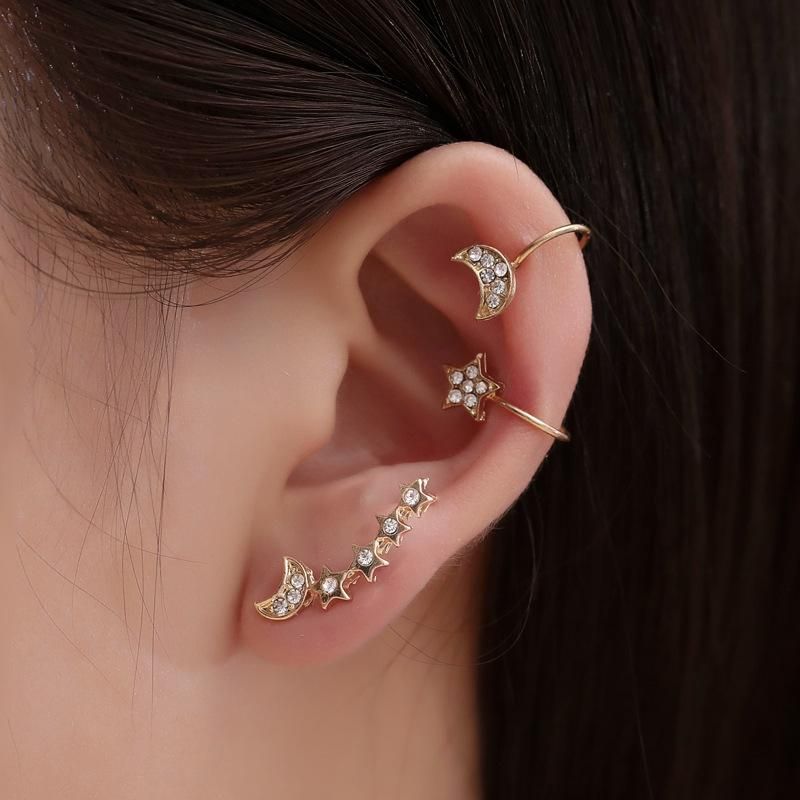 Best Selling Set Without Pierced Earrings Full Of Diamonds Stars 3 Sets Of Ear Clips Female