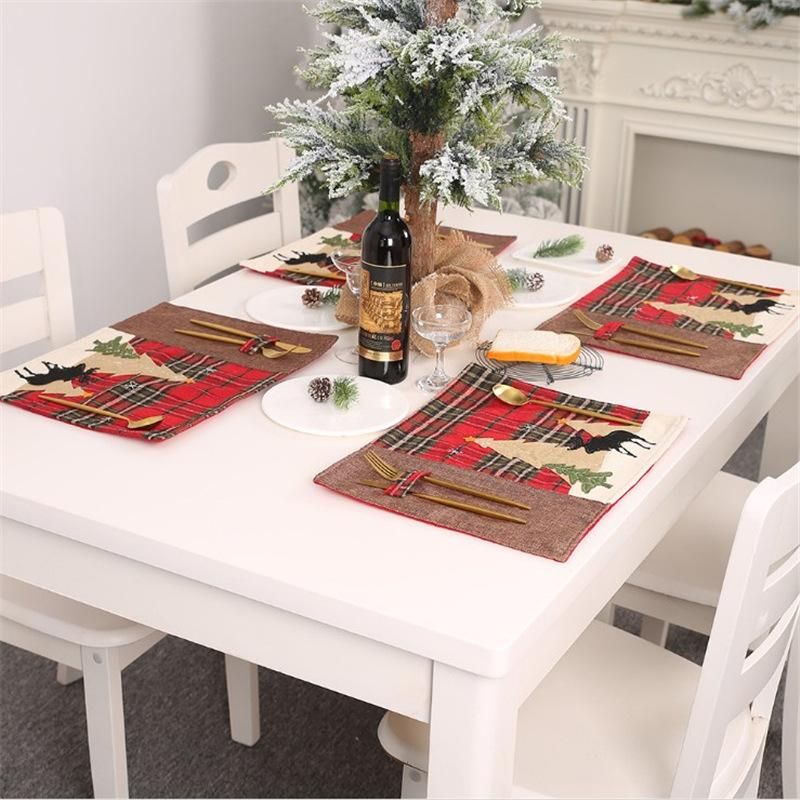 Christmas Decorations, Plaid Cloth, Placemat, Elk, Small Tree, Table Mat, Insulation Pad, Knife And Fork, Cross-border