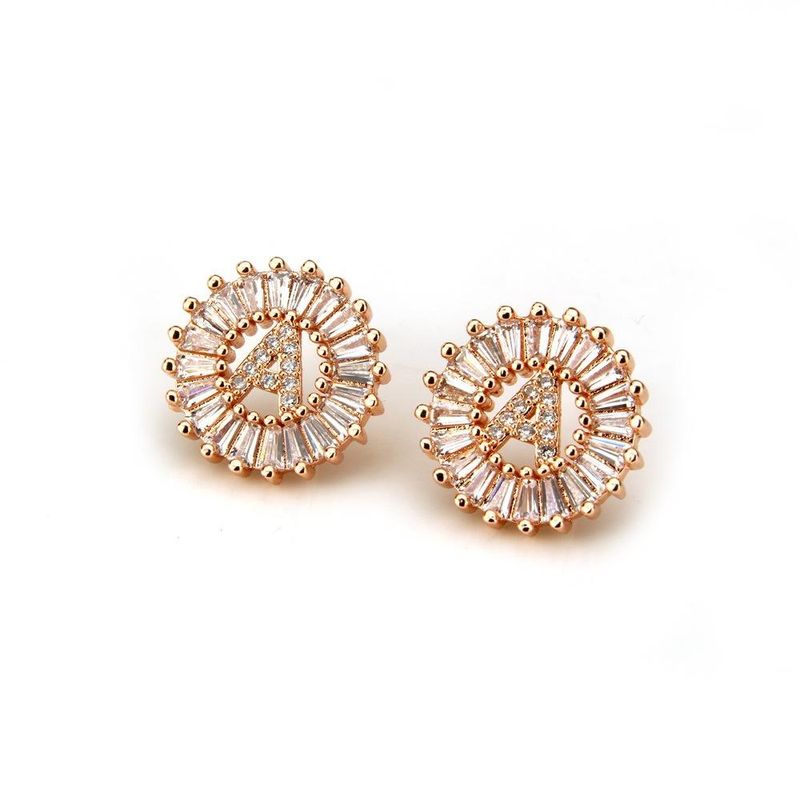 Twenty-six Letter Stud Earrings With Zircon Copper Micro Inlays In Rose Gold Plating Wholesales Fashion