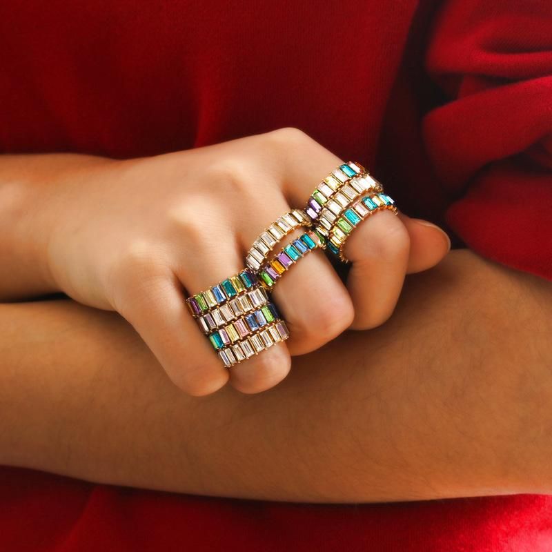 الملونة الكريستال خاتم الأزياء هندسية مربع خاتم الماس قوس قزح جوهرة مؤشر البنصر المرأة