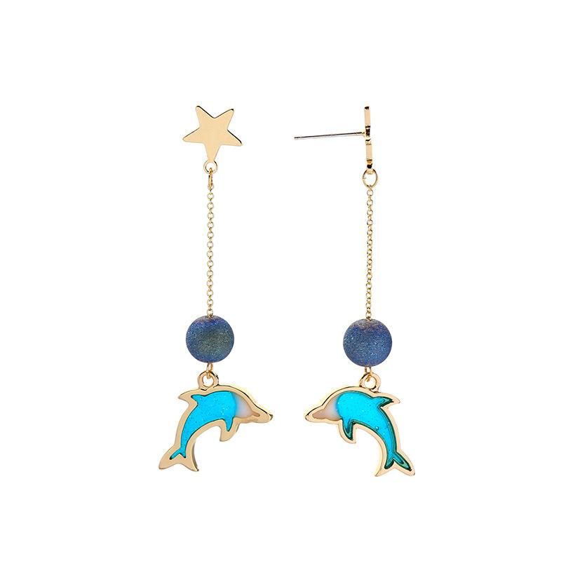 S925 Silver Pin Enamel Dripping Oil Cute Dolphin Earrings Earrings Women Long Earrings