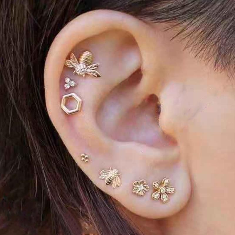 New Fashion Alloy Bee Ear Studs Diamond Flower Earrings 6 Combinations