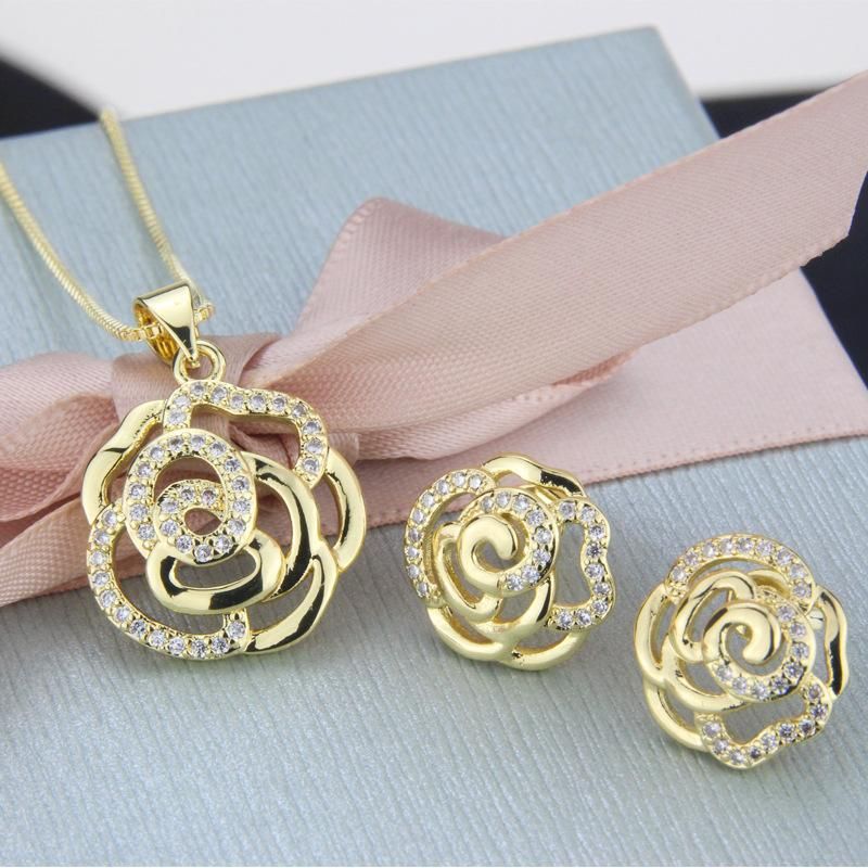 Rose Earring Necklace Set Gold Plated Platinum Plated Flower Zircon Pendant Ear Pins