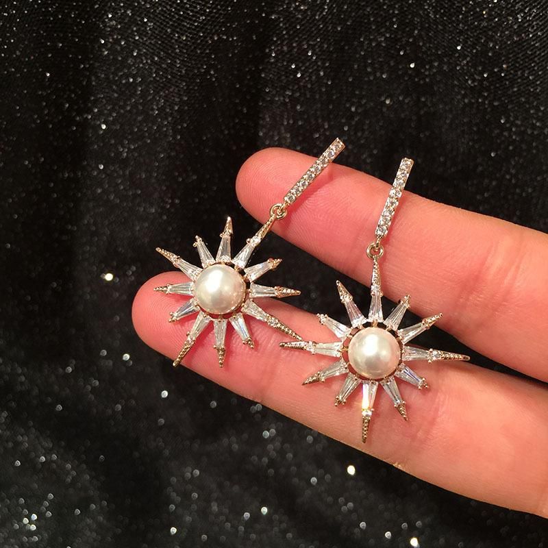 S925 Silver Korean Fashion Eight-bell Star Earrings Micro-set Zircon Luxury Pearl Sun Flower Earrings