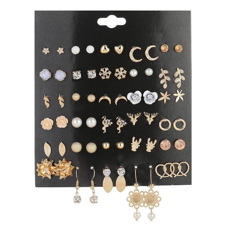 Earring Set Combination 30 Pairs Of Stud Earrings Crystal Peach Heart Moon Diamond Earrings Baroque