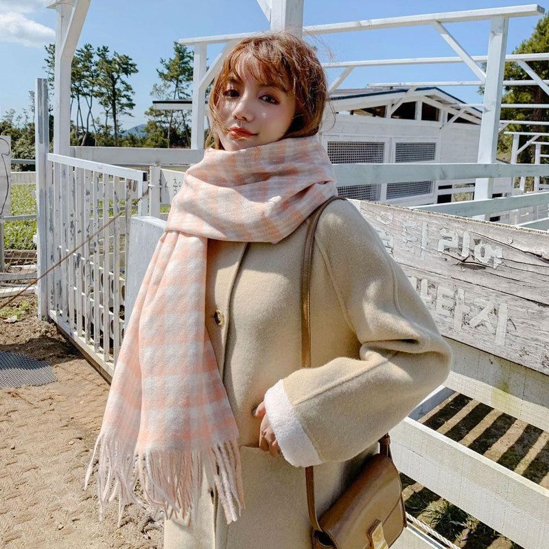 Small Houndstooth Scarf Female Winter Long Imitation Wool Fringed Scarf