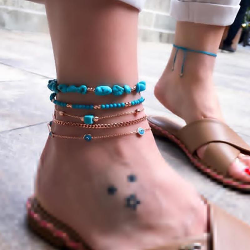 New Jewelry Fashion Handmade Turquoise Rice Beads Chain Eyes 5 Sets Of Anklets