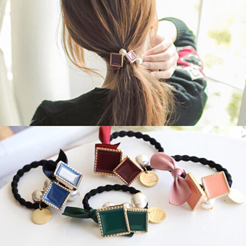 Korea Band Schleife Haar Ring Blume Quadrat Perle Anhänger Haar Seil Lotus Wurzel Band Gummiband Kopf Bedeckung Großhandel