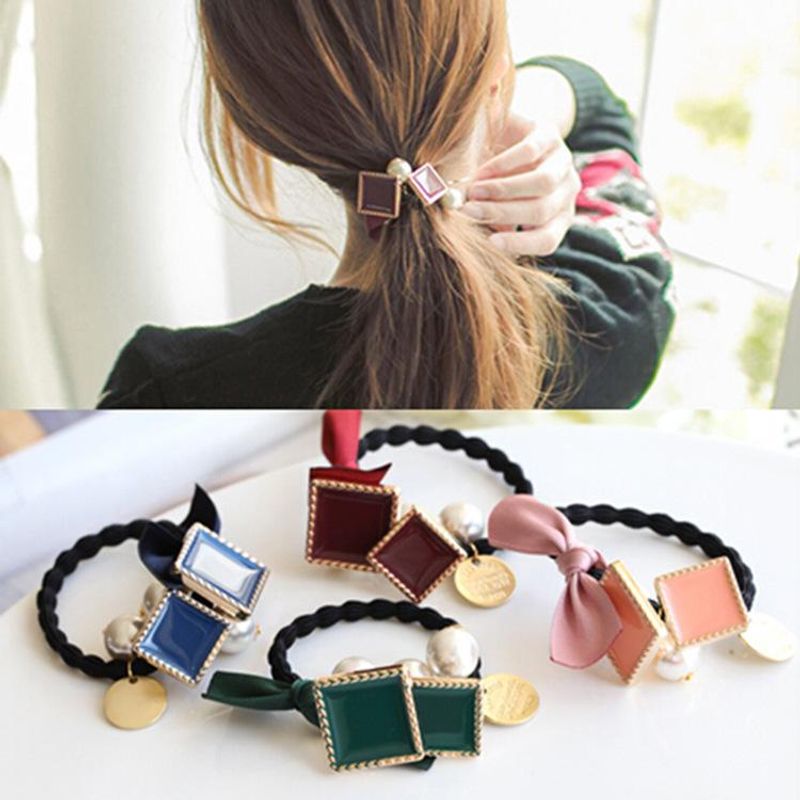 Ribbon Bow Hair Ring Flower Square Pearl Pendant Hair Rope Hip Knot Rubber Band Headdress Wholesale