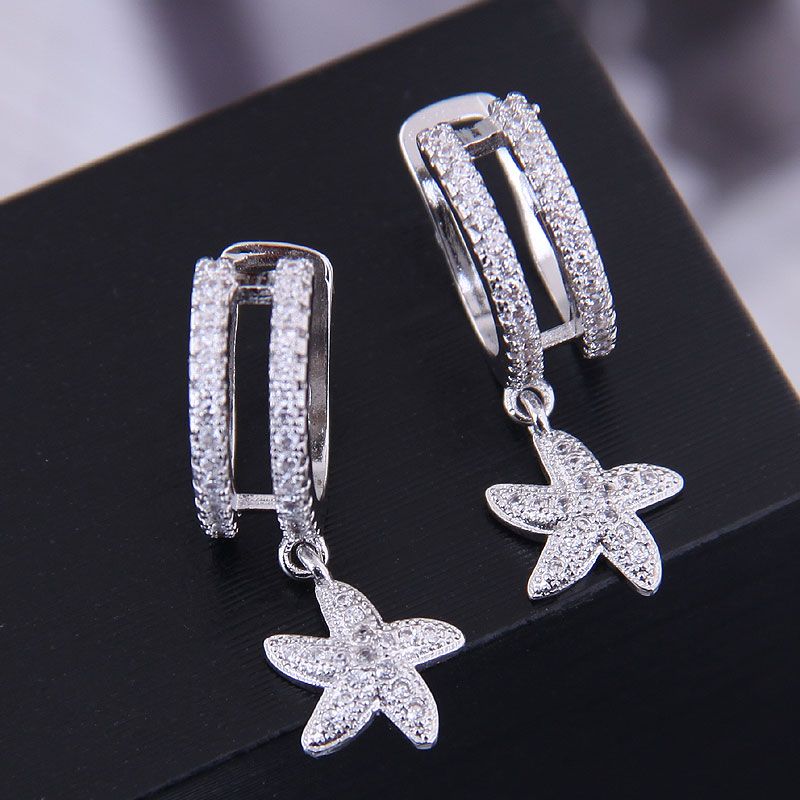 925 Silver Korean Fashion Copper Micro Inlaid Zircon Starfish Ear Clip