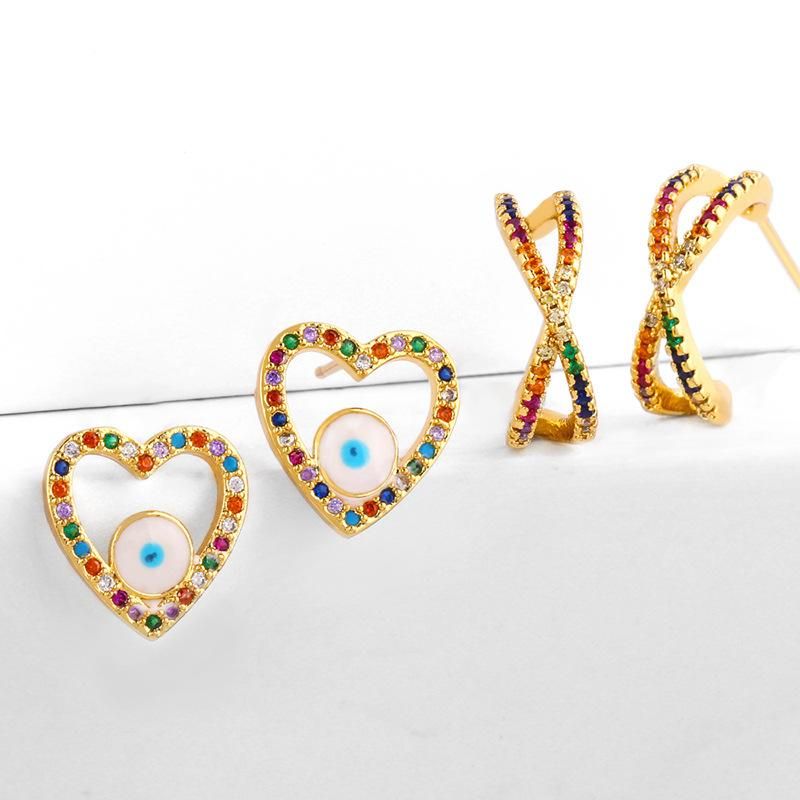 Earrings Micro Inlaid Colorful Diamond Drip Oil Eyes Love Earrings Geometric Cross Zircon Earrings