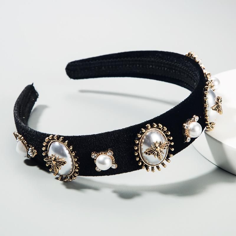 Baroque Style Hair Accessories Black Gold Velvet With Rhinestone Alloy Bee And Pearl Female Hair Hoop