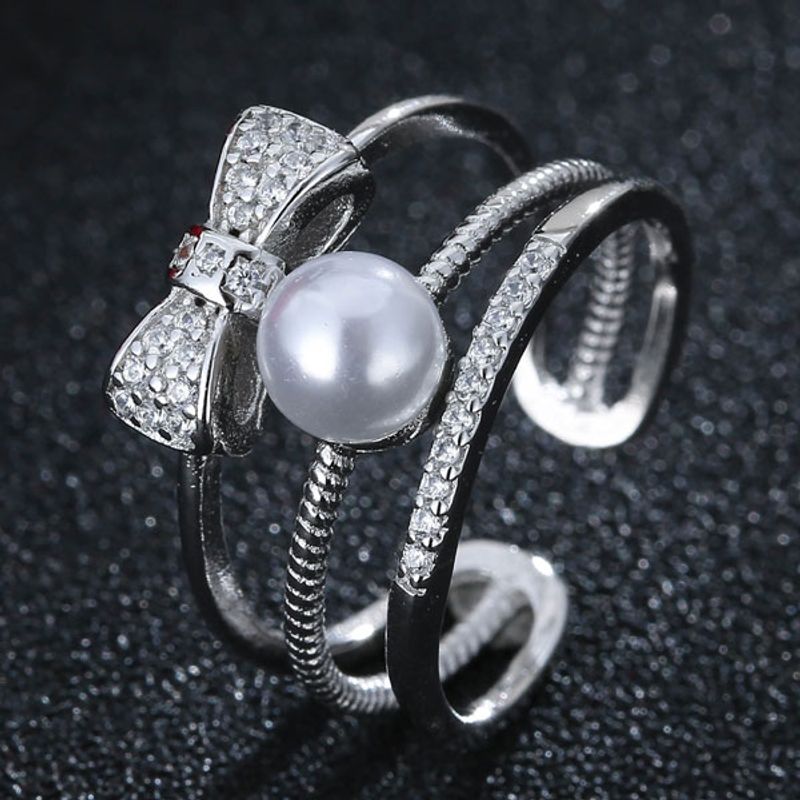 Fashionable Simple Zirconium Bow Open Pearl Ring