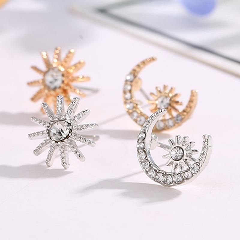 New Korean Star And Moon Earrings Cute Star Moon Diamond Asymmetric Earrings