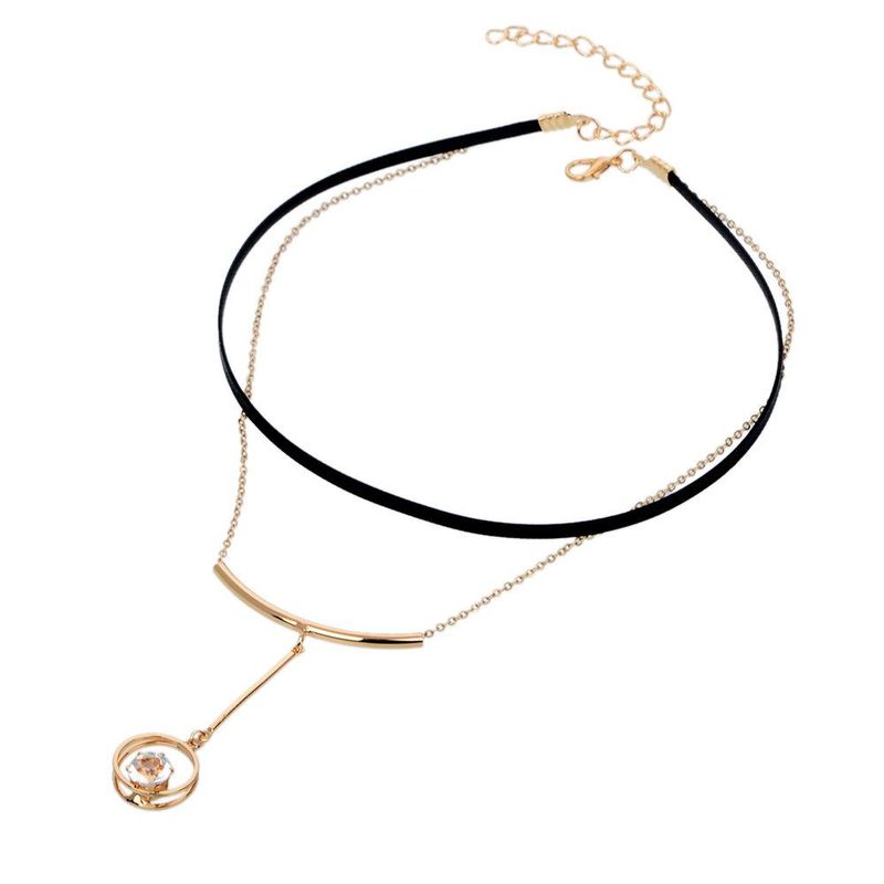 Einfache Geometrische Kreis Diamant Kurze Halskette Einst Richtiger Anhänger Halskette Halsband Doppels Chicht Retro Leder Seil Pullover Kette Frauen