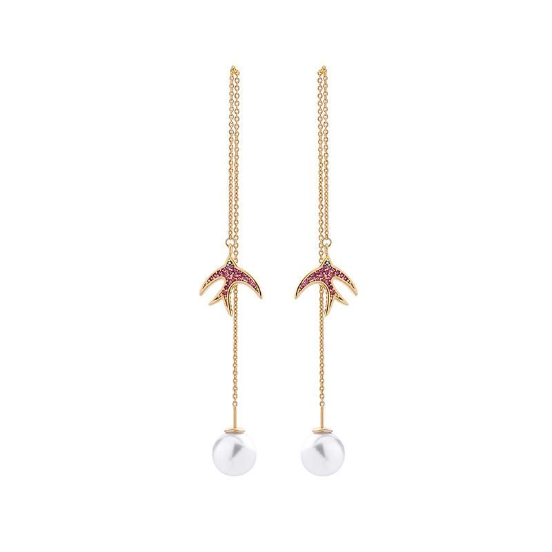 925 Silver Needle Creative Long Small Swallow Pearl Pendant Earrings Female Korean Fashion Ear Line