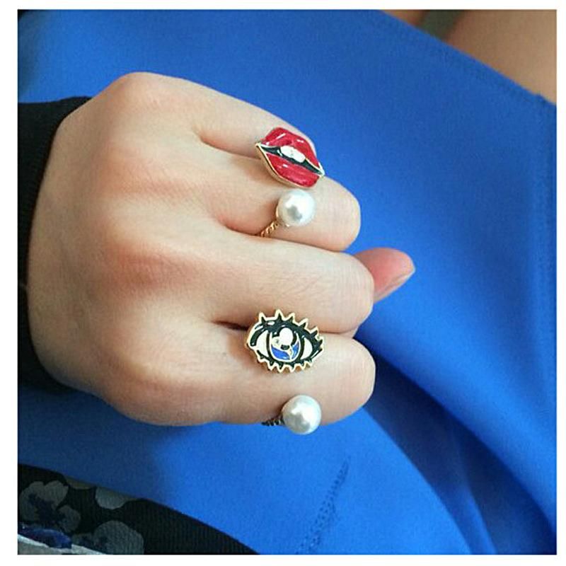 Vintage Jewelry Pearl Eyes Gem Joint Ring Ring New Lips Open Ring