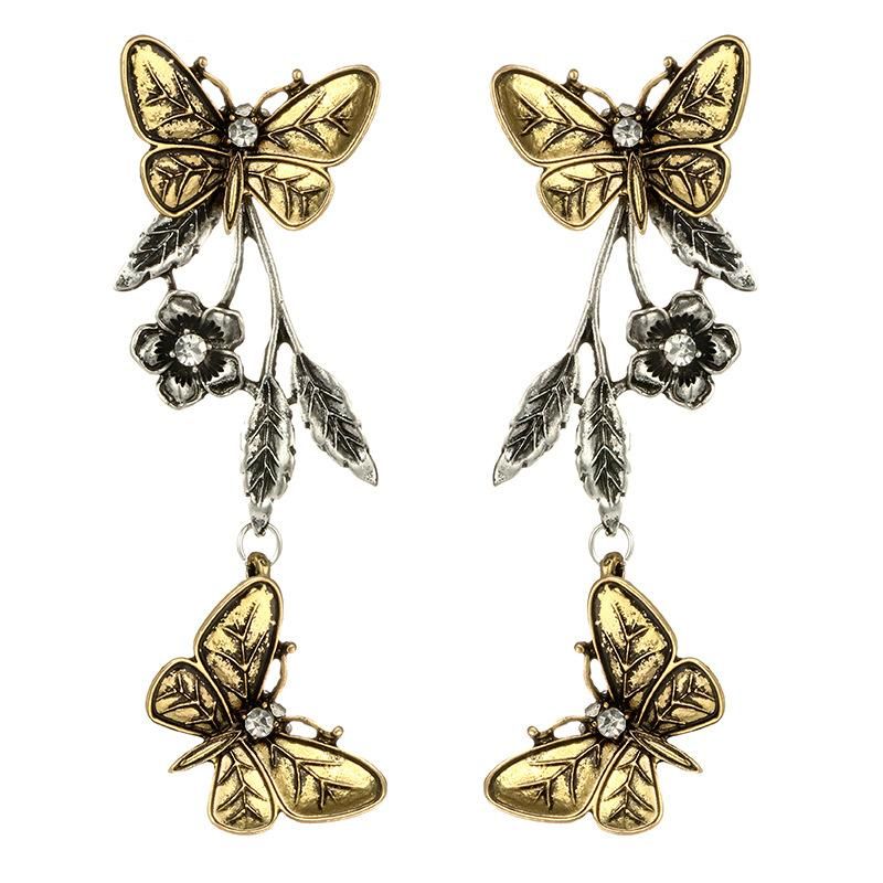 Européen Et Américain Nouveaux Accessoires Rétro De Mode Géométrie Motif Papillon Feuilles Fleur Alliage Longue Boucles D'oreilles Boucles D'oreilles