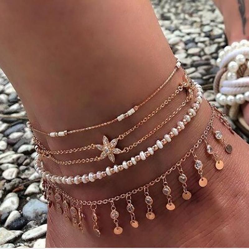 Bohemia Diamond Alloy Flower Beads 4 Set Anklets
