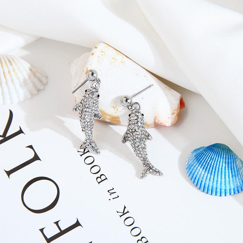 S925 Silver Earrings Long Simple Diamond Stud Earrings Fish Set