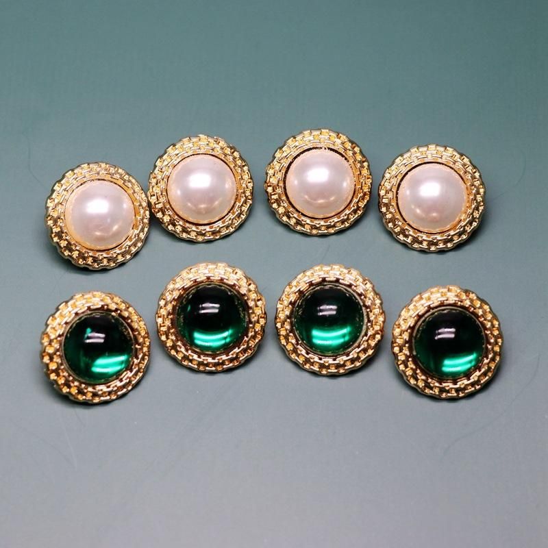 Round Retro White Green Pearl 925 Silver Stud Earrings Retro Golden Concave Lace Round Ear Studs
