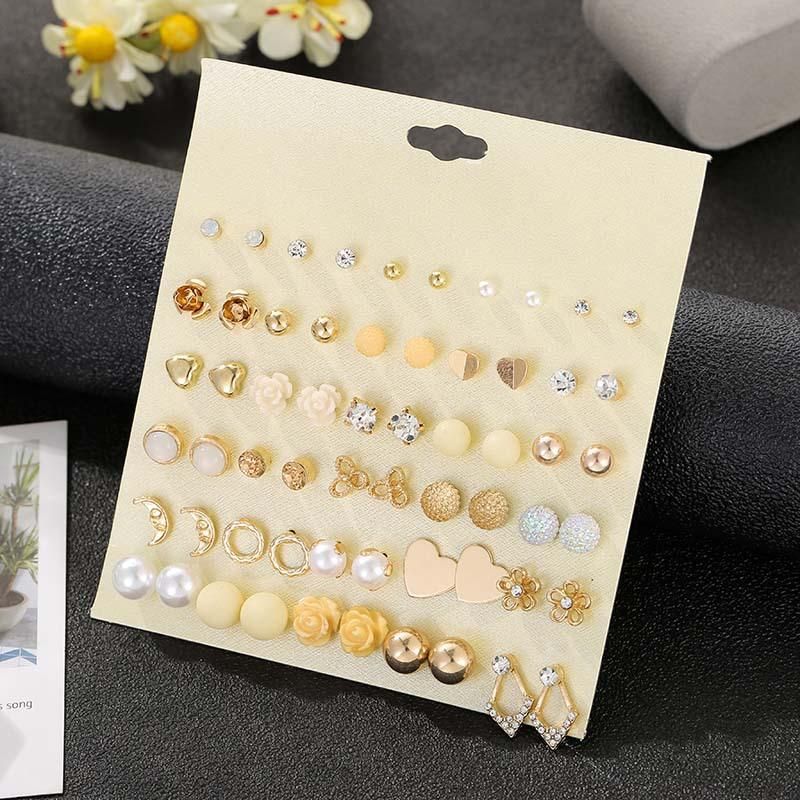 Grenz Überschreitende Retro-eingelegtes Strass Blumen-kunst Perlen Ohrringe 30 Paar Kombination Sset Goldene Ohrringe Und Ohrringe