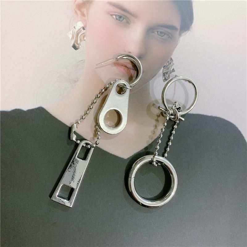 Europäische Und Amerikanische Übertriebene Ring Kette Asymmetrische Ohrringe Harajuku Hip Hop Punk Heavy Metal Reiß Verschluss Ohrringe Ohrringe