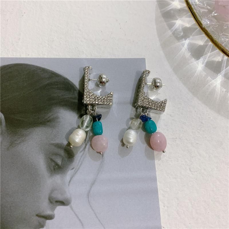 Earrings Letter L Micro Inlaid Zircon Crystal Earrings Female Pearl Cross Pendant Earrings Women
