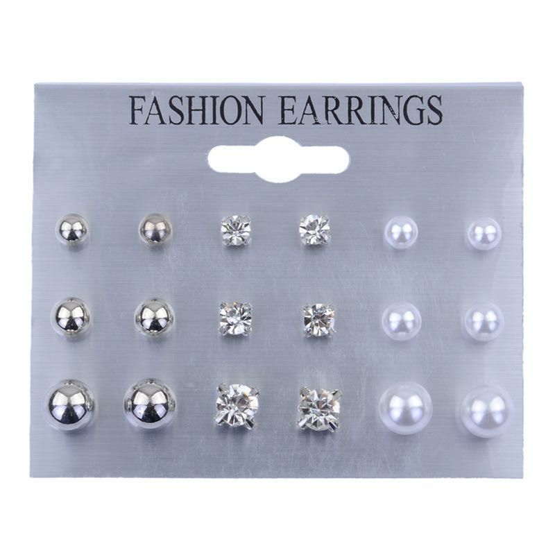 Jewelry Pearl Rhinestone Earrings Stud Earrings 9 Pairs Board Set