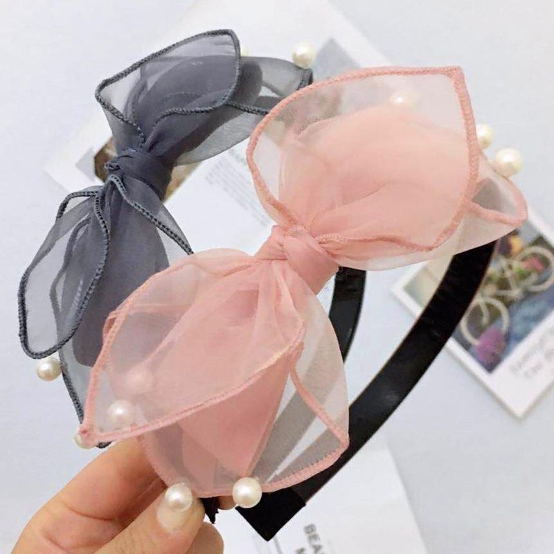 New Headband Korean Mesh Gauze Pearl Hair Accessories Non-slip Bow Headband Women