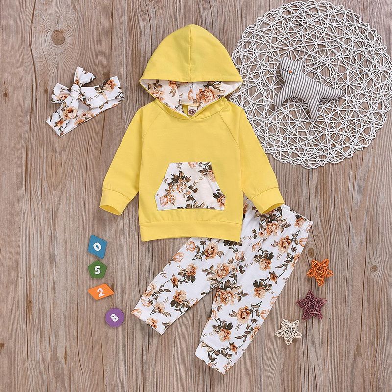 Hot Plant Printed Yellow Three-piece Fashionable Cotton Children's Clothing